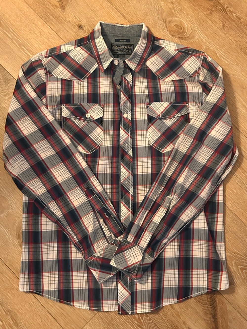 American Rag Men's Western Plaid Long Sleeve Button Up Shirt - Medium